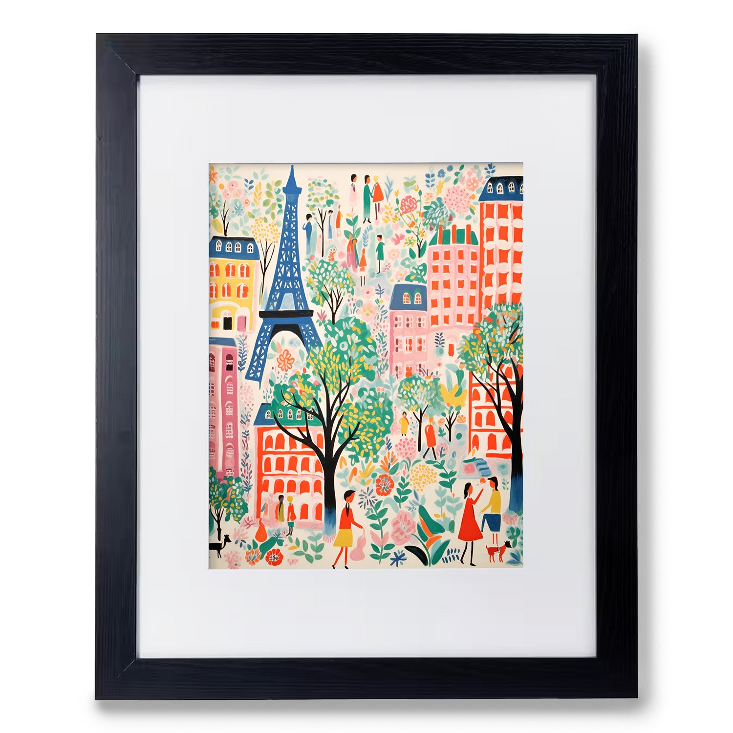 A black framed art print of Croissants & Butter featuring the Eiffel Tower and people, perfect for wall decor by Stannie & Lloyd.