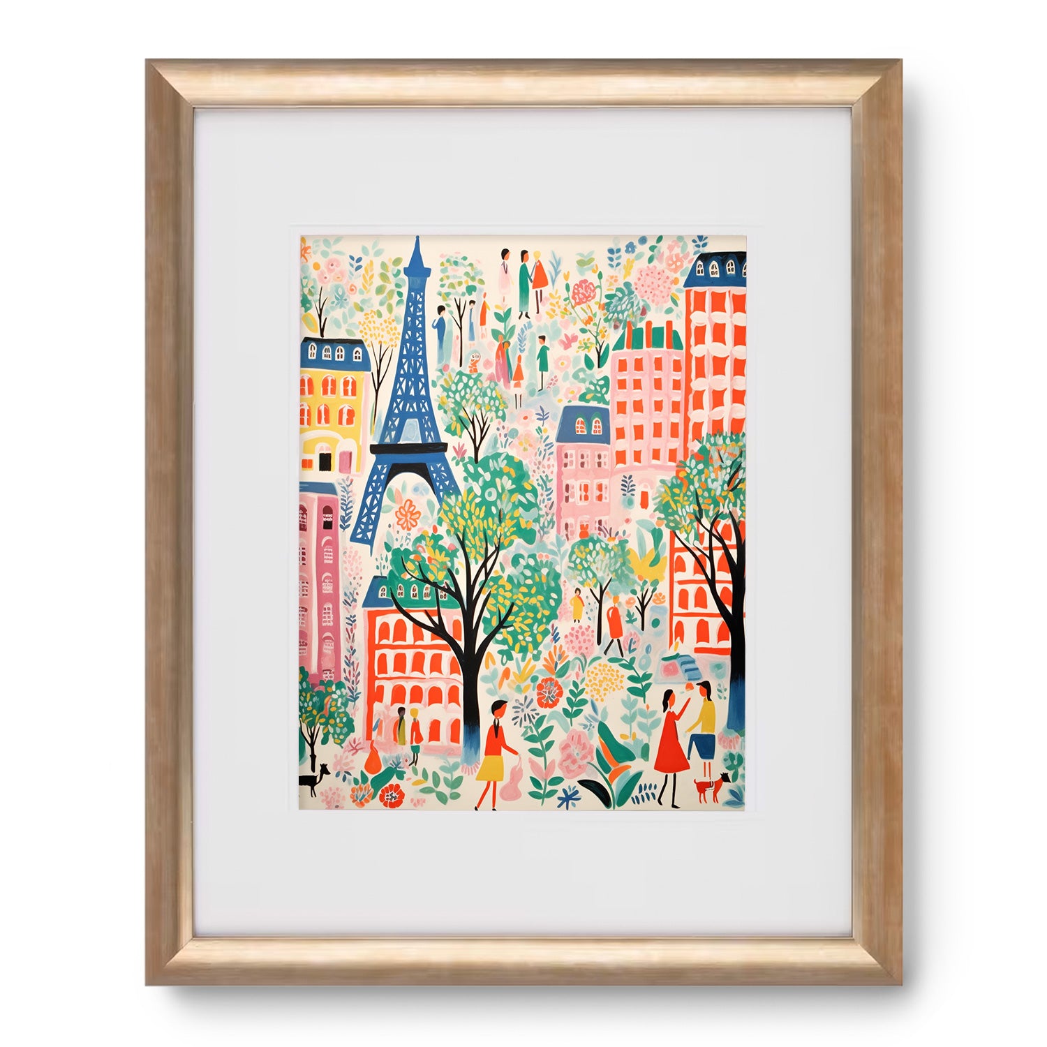 Maximalist wall art print of Croissants & Butter with people and the Eiffel Tower, perfect for adding a touch of extravagance to your living room decor. (Brand: Stannie & Lloyd)