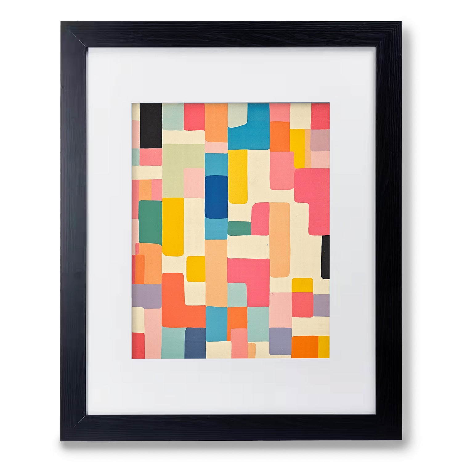 A Stannie & Lloyd Focus framed art print with colorful squares in a black frame, perfect as wall art for living room.