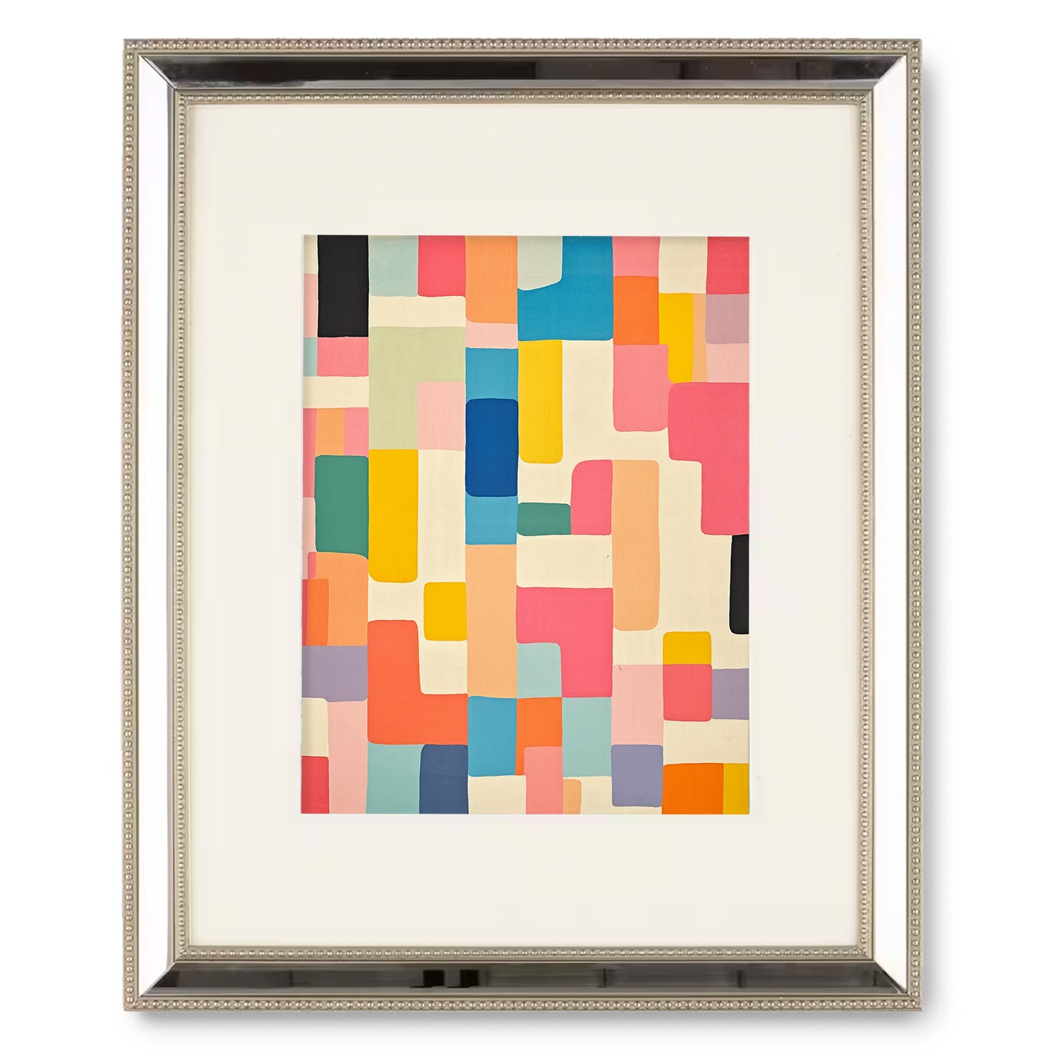 A vibrant Focus wall art for living room with colorful squares in a sleek silver frame by Stannie & Lloyd.