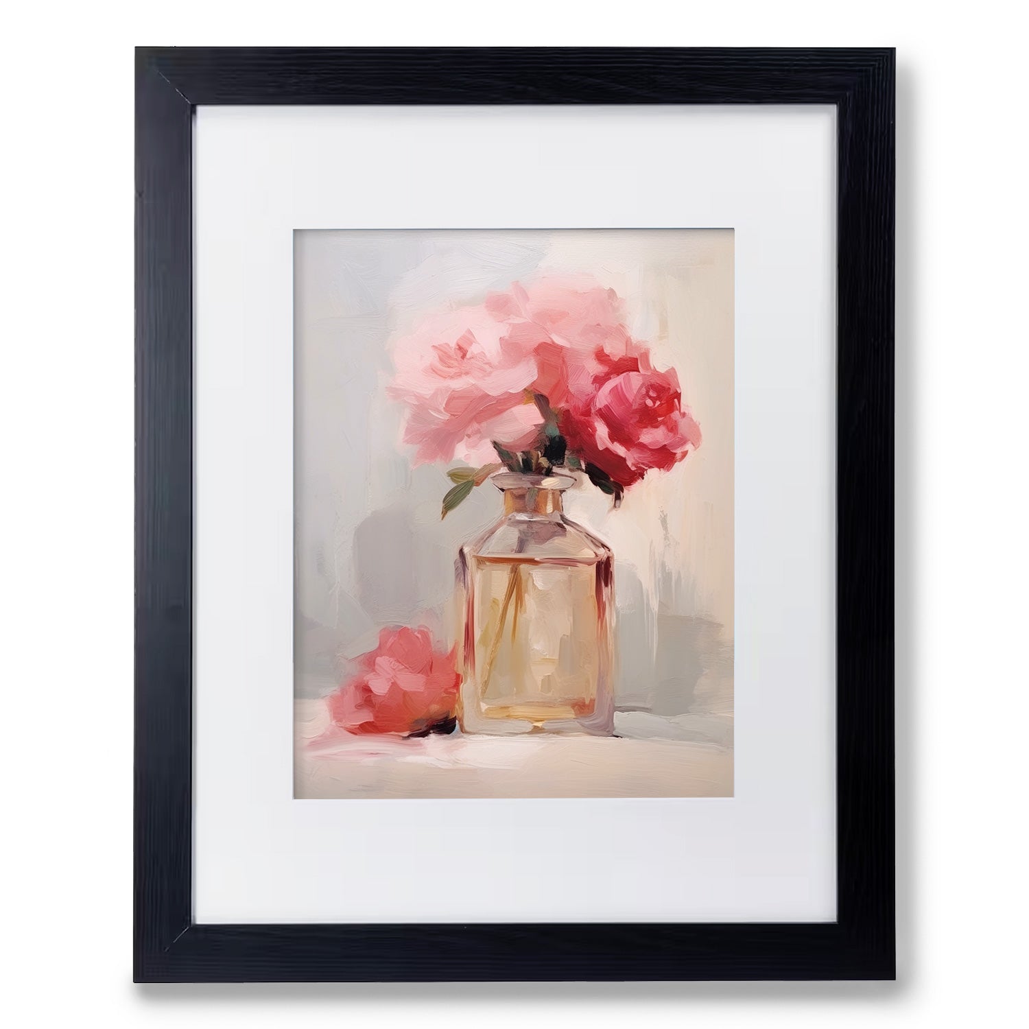 A vintage Stannie & Lloyd wall art depicting pink roses in a vase.