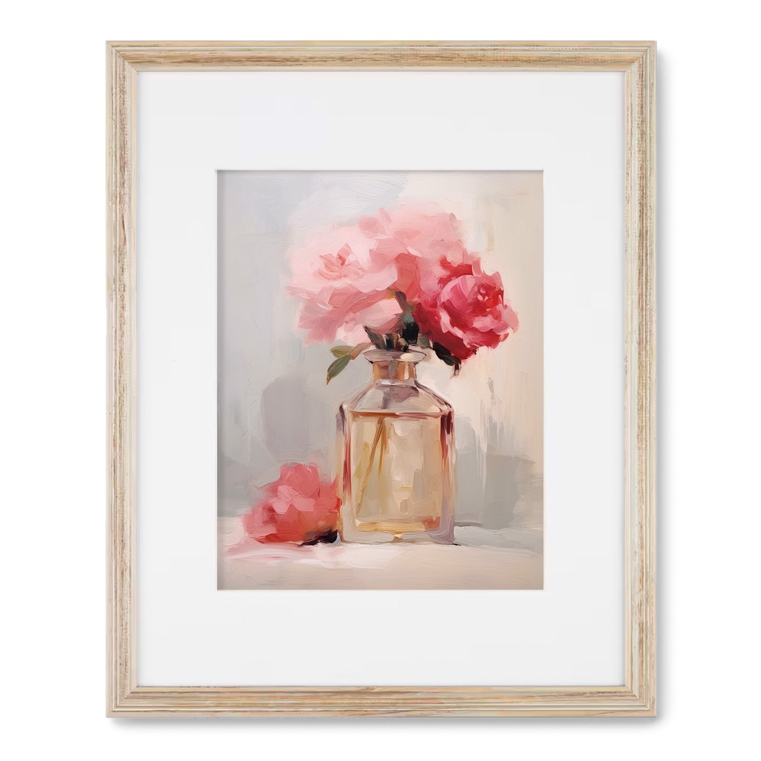 An oil painting of pink roses in a vase, available as Stannie & Lloyd's Perfume Bottle Study no. 3 wall art prints.