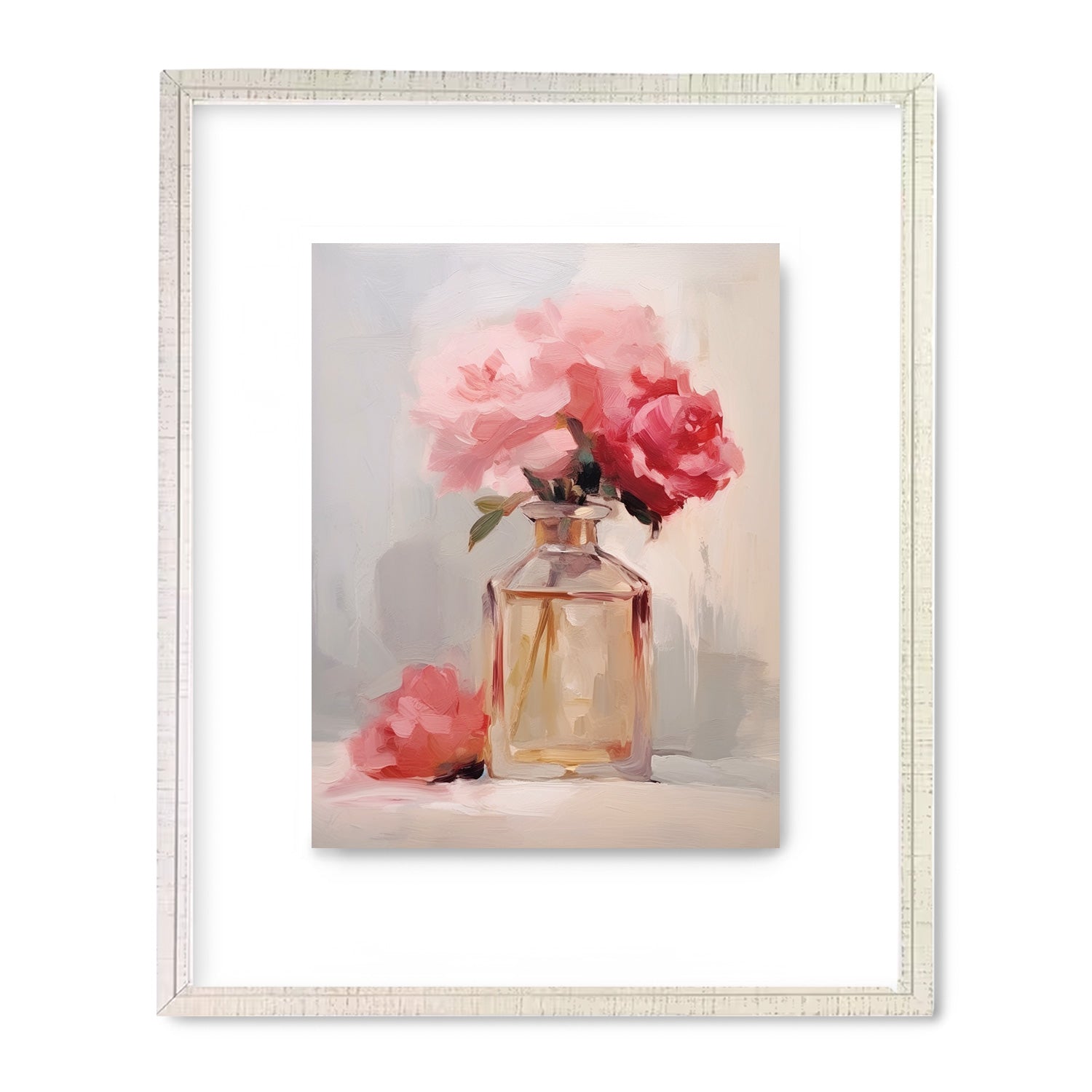 A vintage Perfume Bottle Study no. 3 of pink roses in a vase, perfect for decorating walls with art by Stannie & Lloyd.