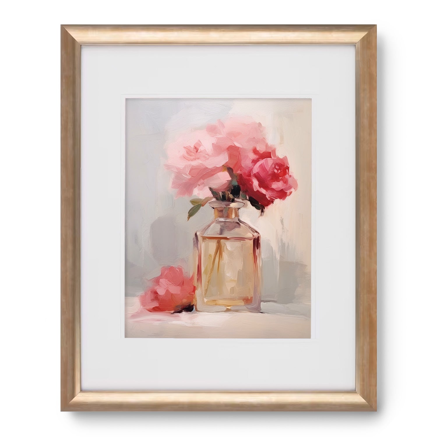 A Perfume Bottle Study no. 3 by Stannie & Lloyd of pink roses in a gold frame.