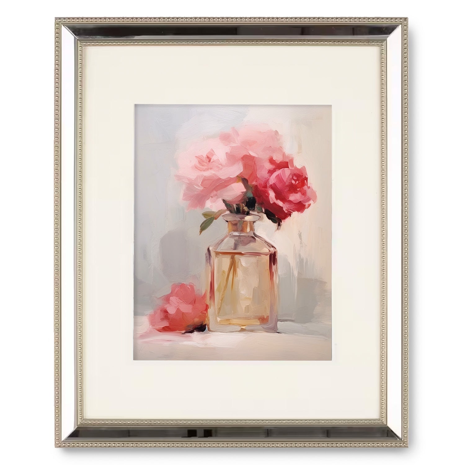 A Perfume Bottle Study no. 3 of pink roses in a glass vase by Stannie & Lloyd.