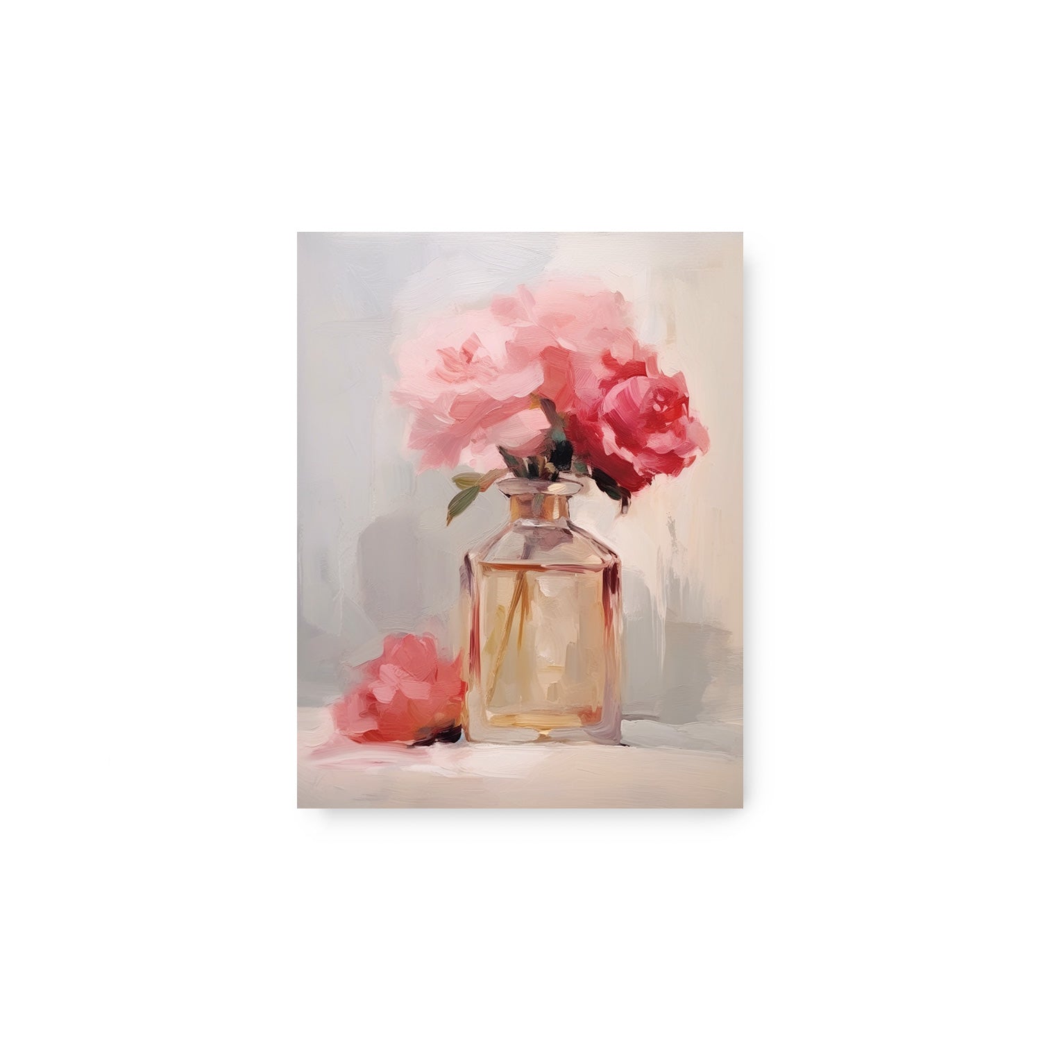 A Stannie & Lloyd Perfume Bottle Study no. 3 featuring a painting of pink roses in a vase.