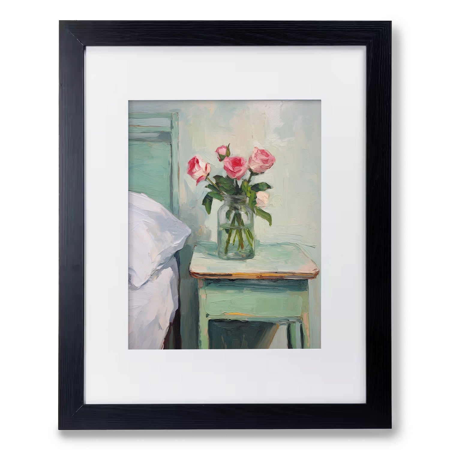 A painting of "When You Sleep I Write You Love Notes" by Stannie & Lloyd, with pink roses in a vase, perfect for art prints and modern wall art.