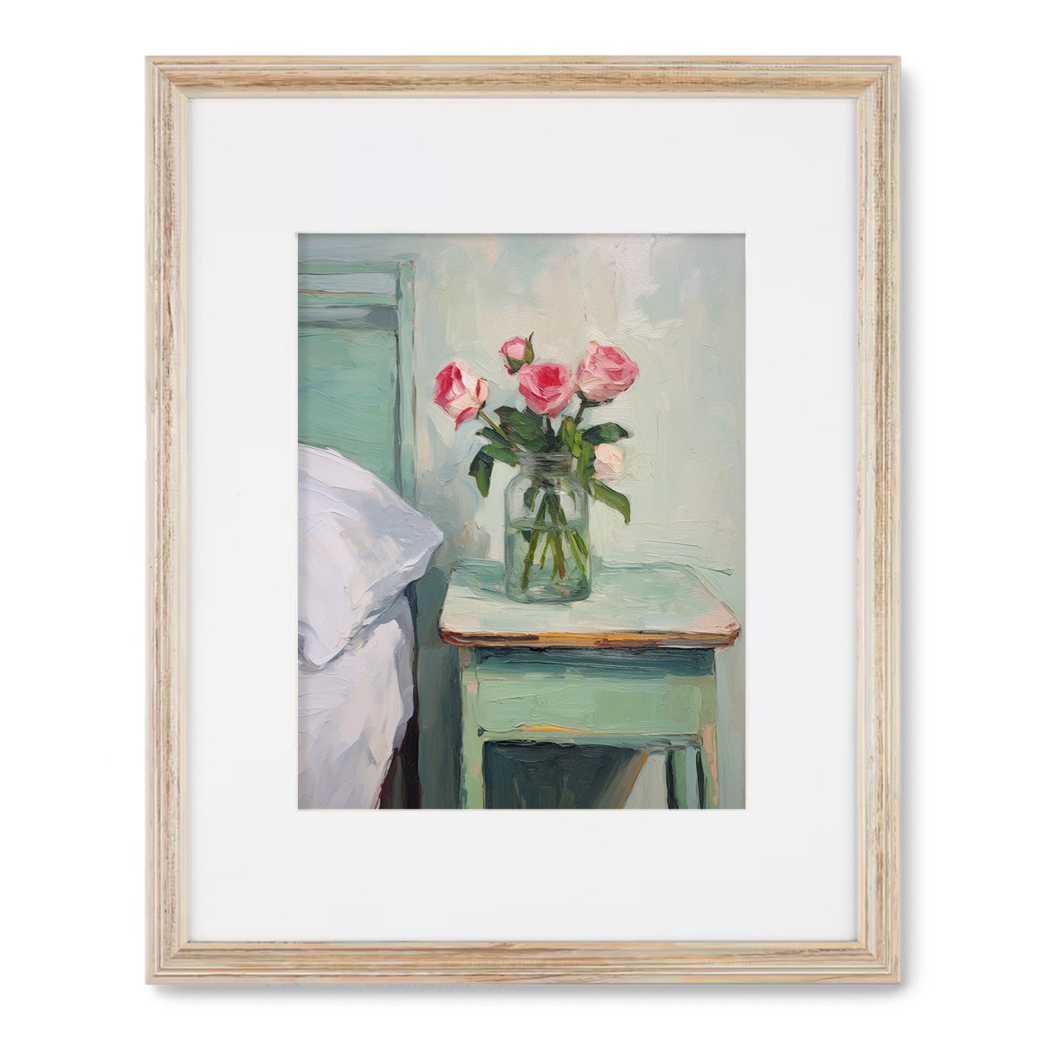 A painting of "When You Sleep I Write You Love Notes" bed with pink roses in a vase, available as prints and posters. Brand: Stannie & Lloyd.