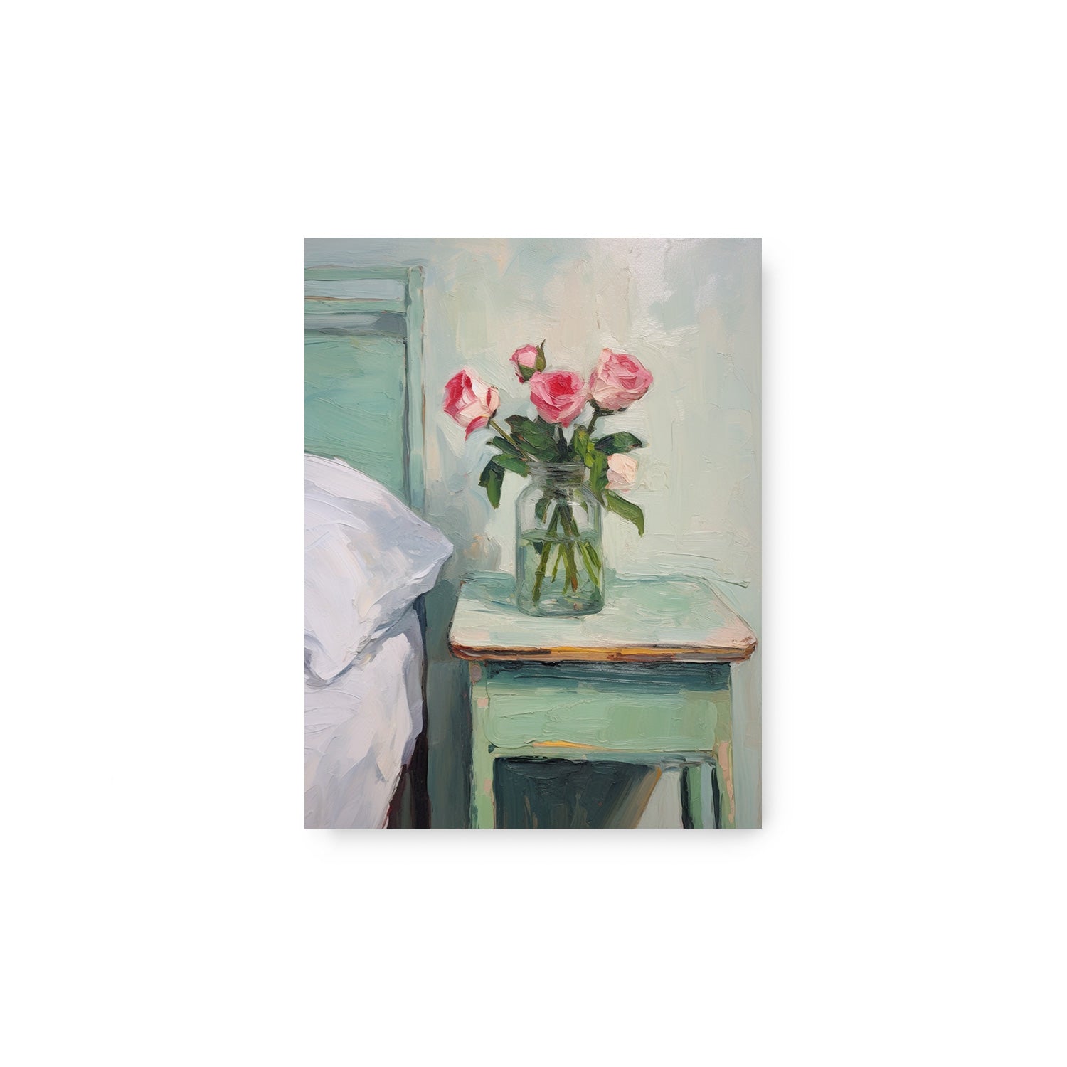 A painting of a bed with pink flowers in a vase, available as a vintage poster - When You Sleep I Write You Love Notes by Stannie & Lloyd.