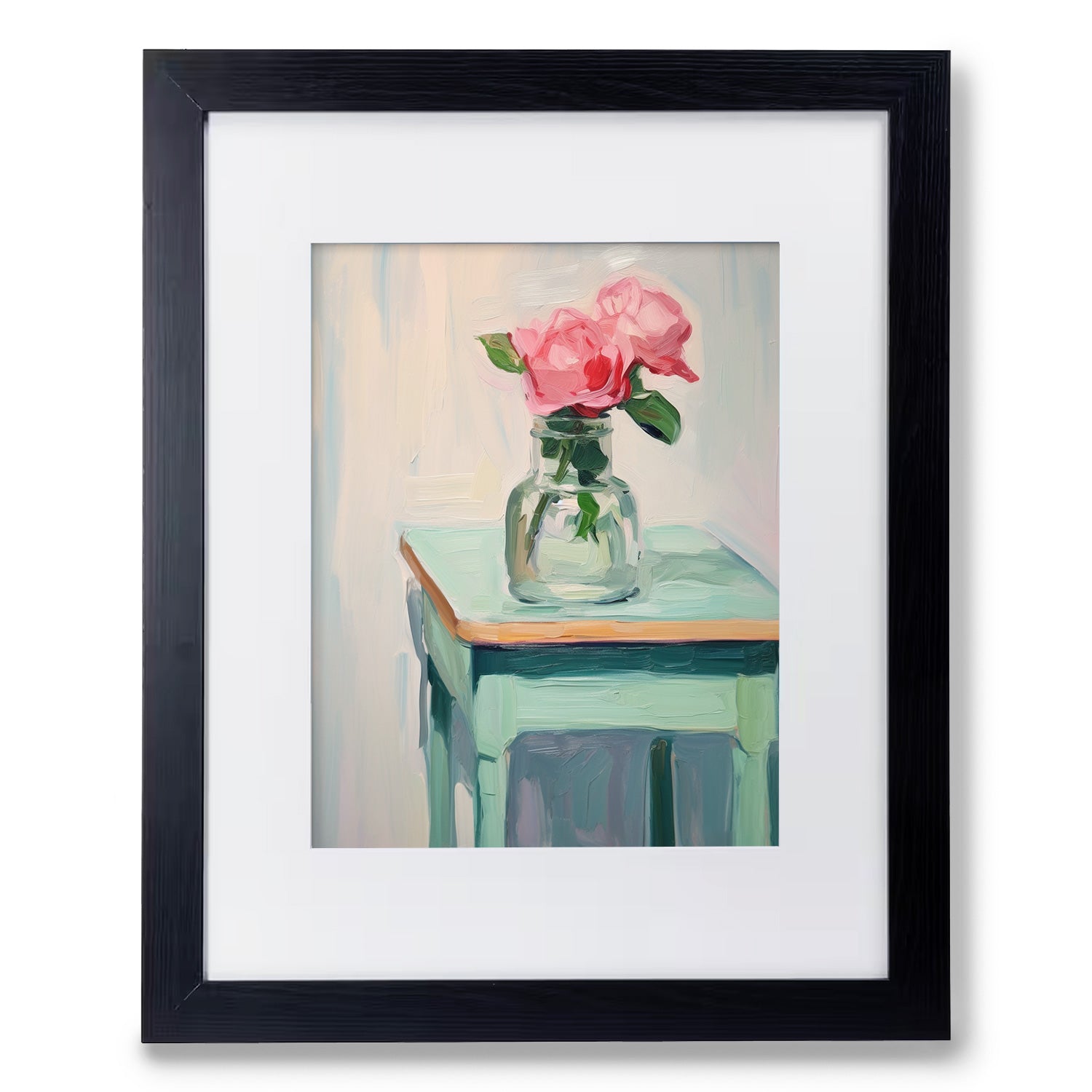 A stunning art print of pink roses in a vase, perfect for adding exquisite wall decor to your living room, by Stannie & Lloyd's Guest House.