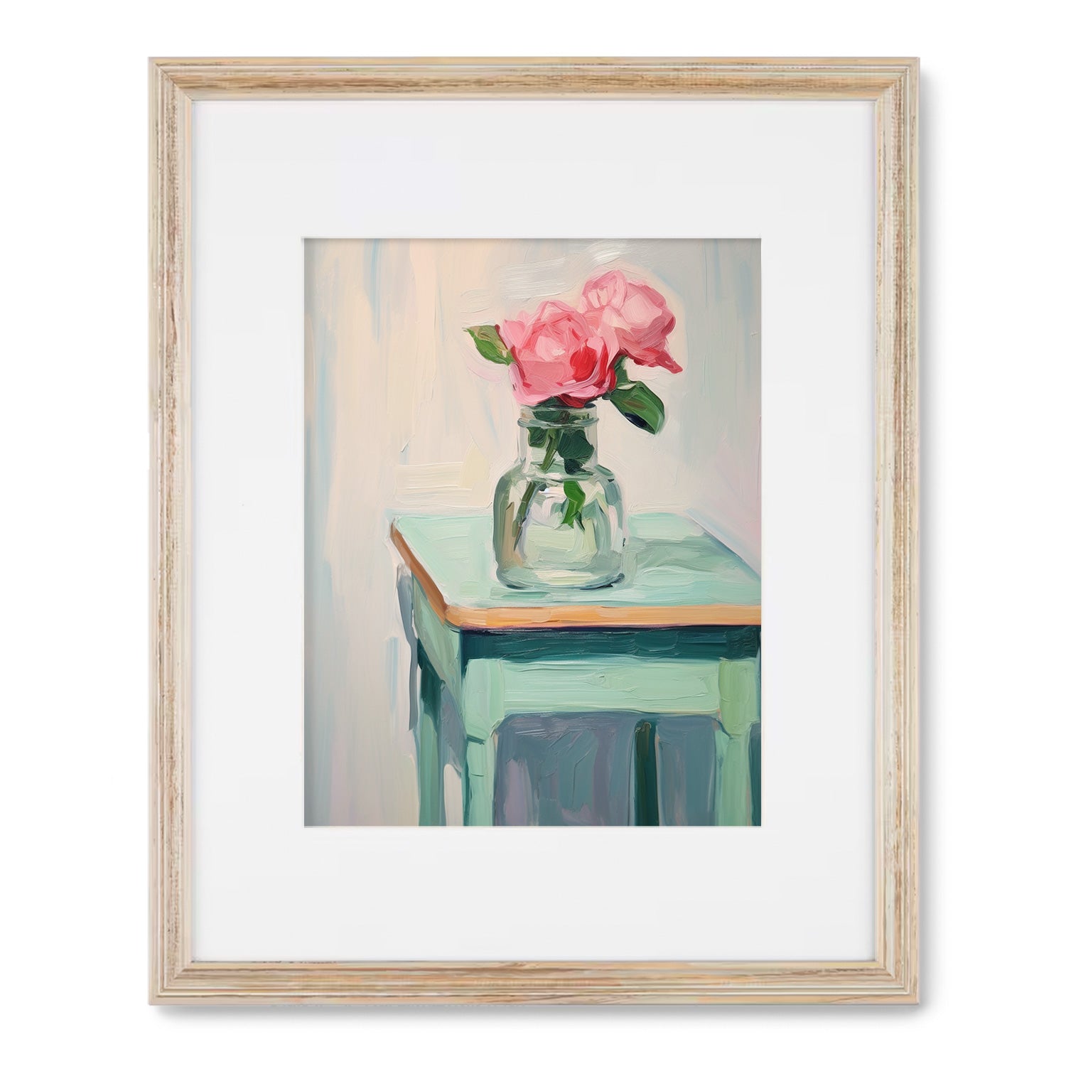 A vibrant painting of pink roses in a vase on a table, perfect for wall decor. The Guest House by Stannie & Lloyd is perfect for wall decor.