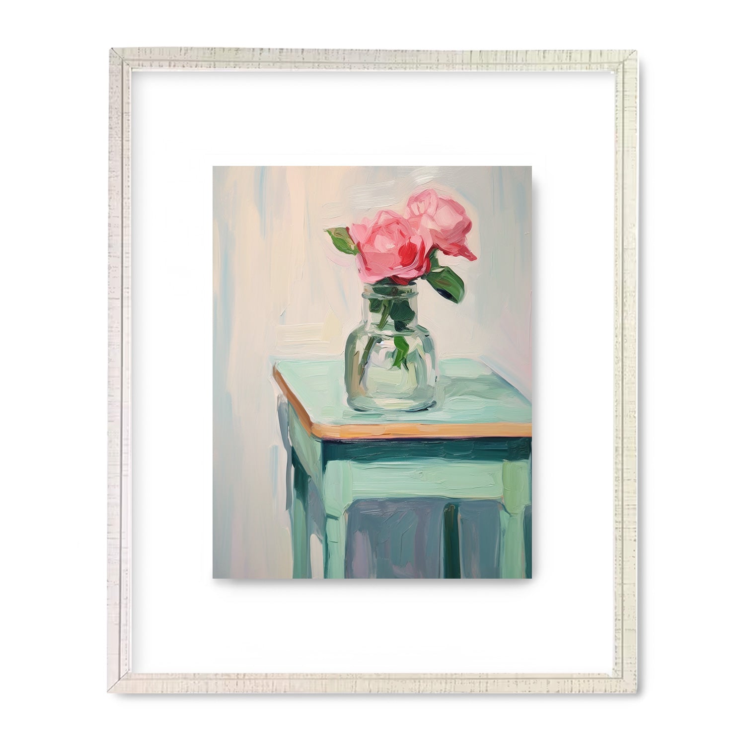 A vibrant painting of pink roses in a glass vase on a table, adding a touch of Guest House by Stannie & Lloyd to the walls in a maximalist decor.