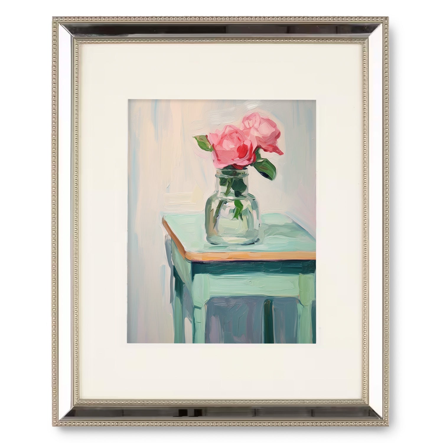 A Guest House painting of pink roses in a glass vase on a table, perfect for wall decor by Stannie & Lloyd.