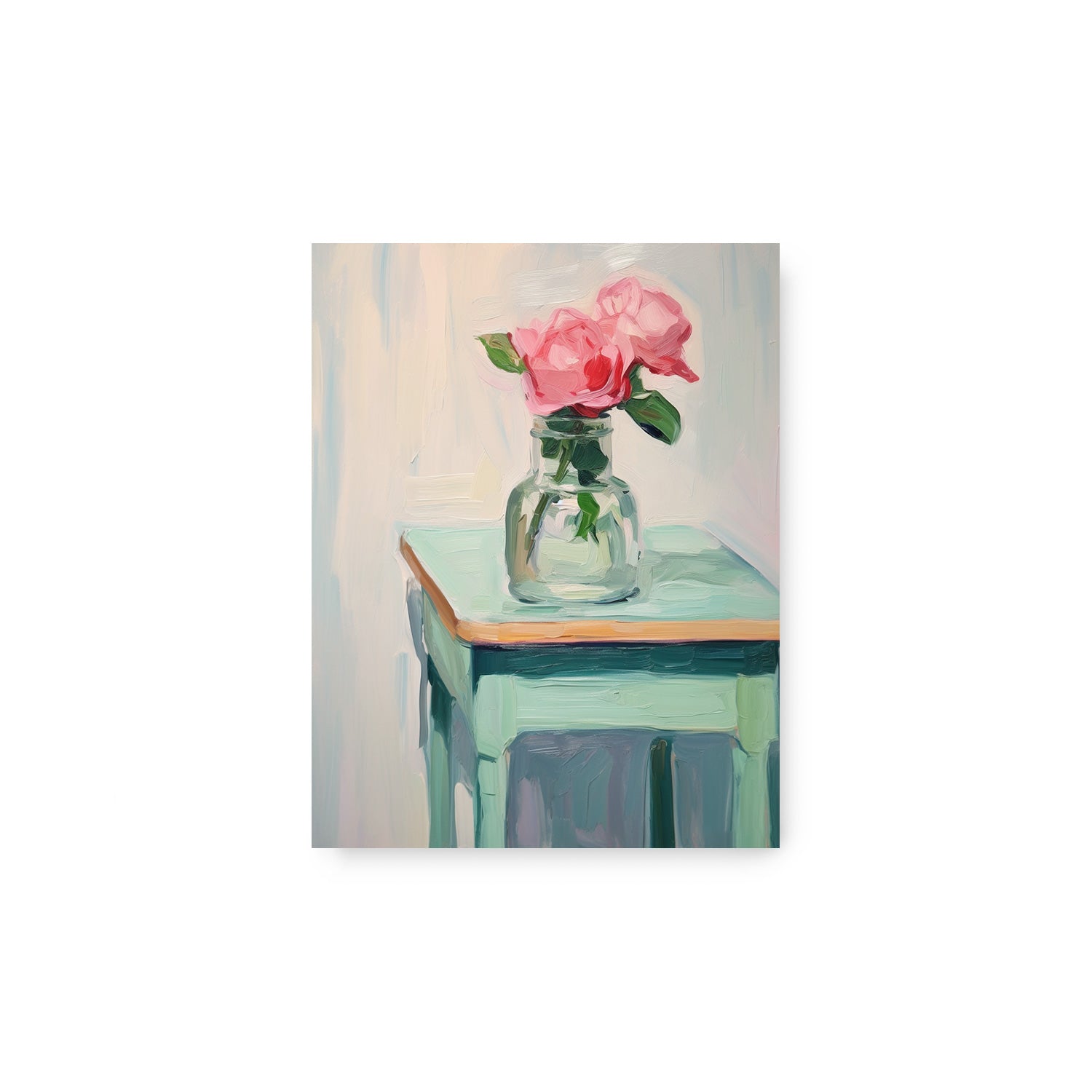 A beautiful painting of pink roses in a glass vase on a table, perfect for wall decor or adding Guest House by Stannie & Lloyd prints to your walls.