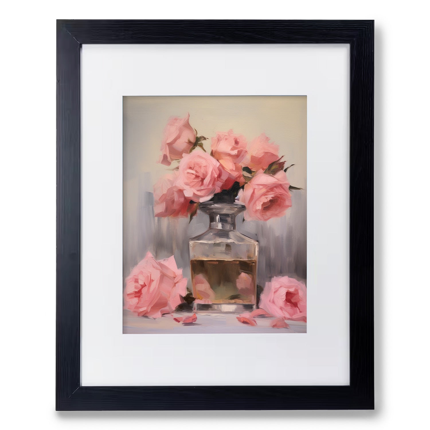 A Perfume Bottle Study no. 1 painting of pink roses in a vase by Stannie & Lloyd.