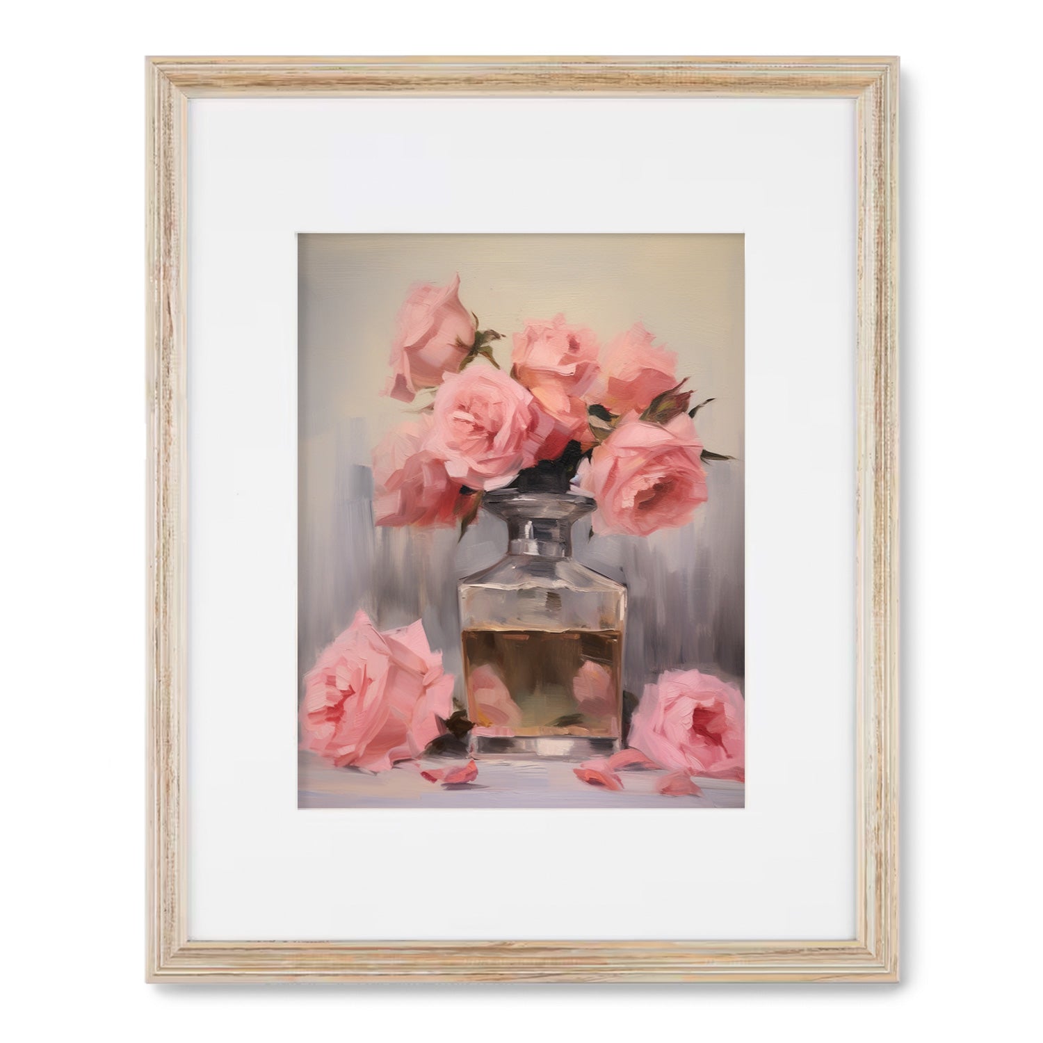 A beautiful Stannie & Lloyd Perfume Bottle Study no. 1 depicting pink roses in a vase.