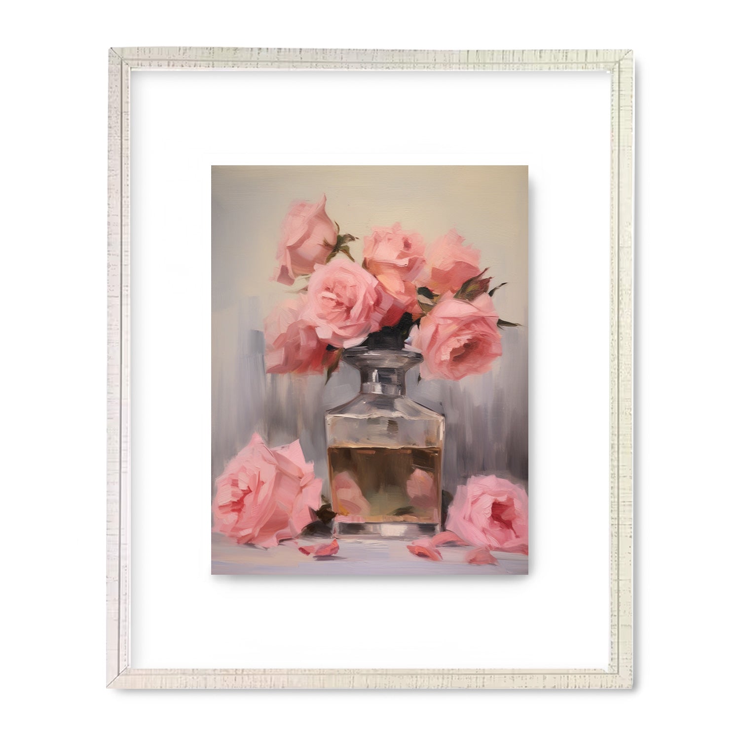 A vintage Perfume Bottle Study no. 1 of pink roses in a vase by Stannie & Lloyd.