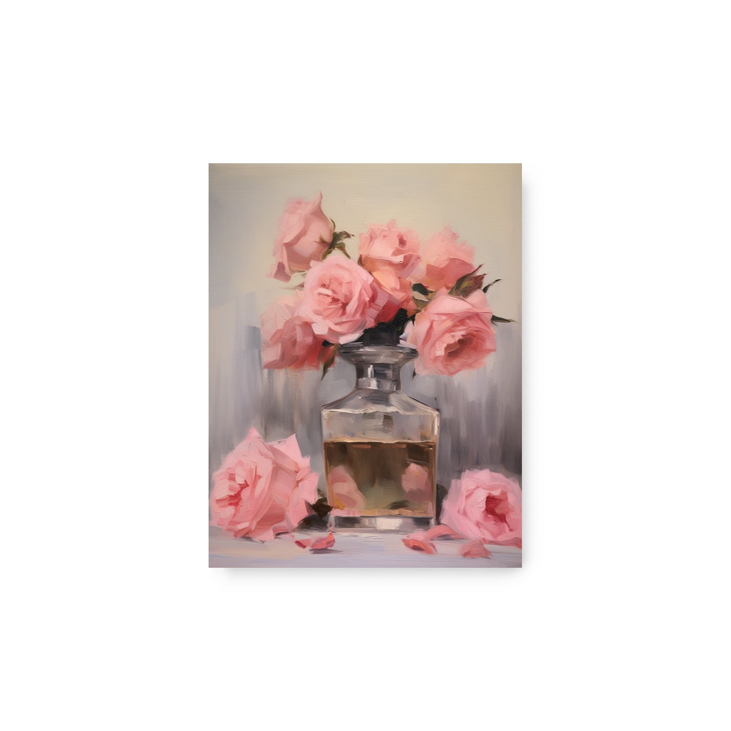 A beautiful painting of pink roses in a glass vase, perfect for wall art prints or adding elegance to walls with the Perfume Bottle Study no. 1 by Stannie & Lloyd.