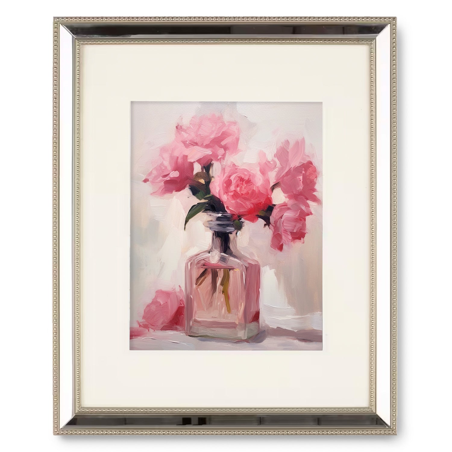 Vintage wall art: A Perfume Bottle Study no. 2 painting of pink flowers in a glass vase by Stannie & Lloyd.