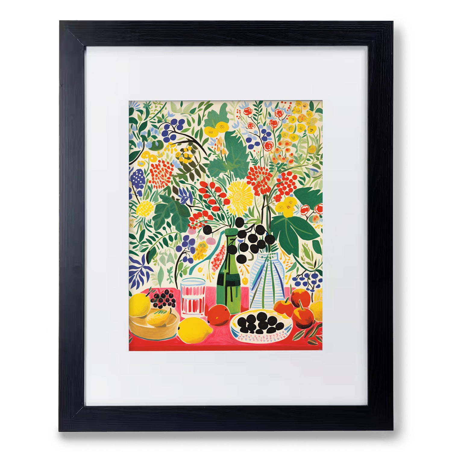 A Backyard Breakfast framed print of a painting of flowers and fruit, perfect for wall decor by Stannie & Lloyd.