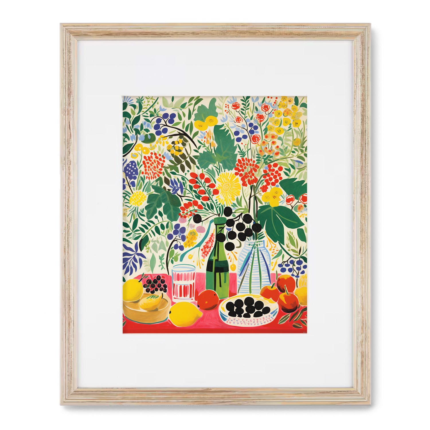 An exquisite wall decor, featuring a framed print of Stannie & Lloyd's Backyard Breakfast painting with flowers and fruit elegantly arranged on a table. Perfect for adding an artistic touch to any living room, this Stannie & Lloyd art print.