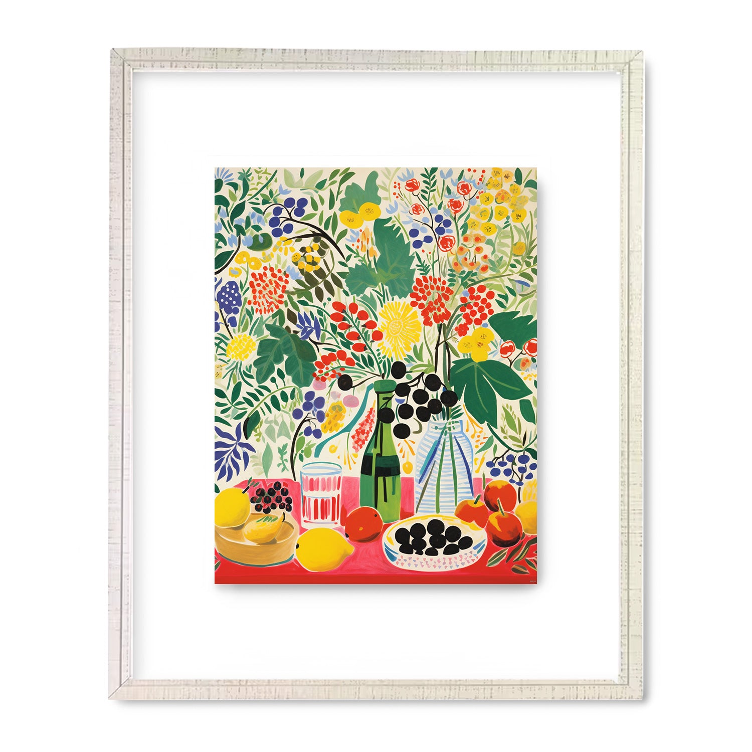 A stunning piece of wall art featuring a white frame adorned with a beautiful painting of flowers and fruit. Perfect for adding an elegant touch to any living room decor, the Backyard Breakfast by Stannie & Lloyd.