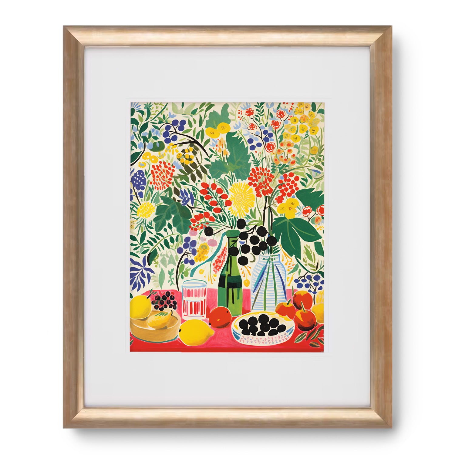 A gold framed print of the Backyard Breakfast painting by Stannie & Lloyd, ideal for wall decor.