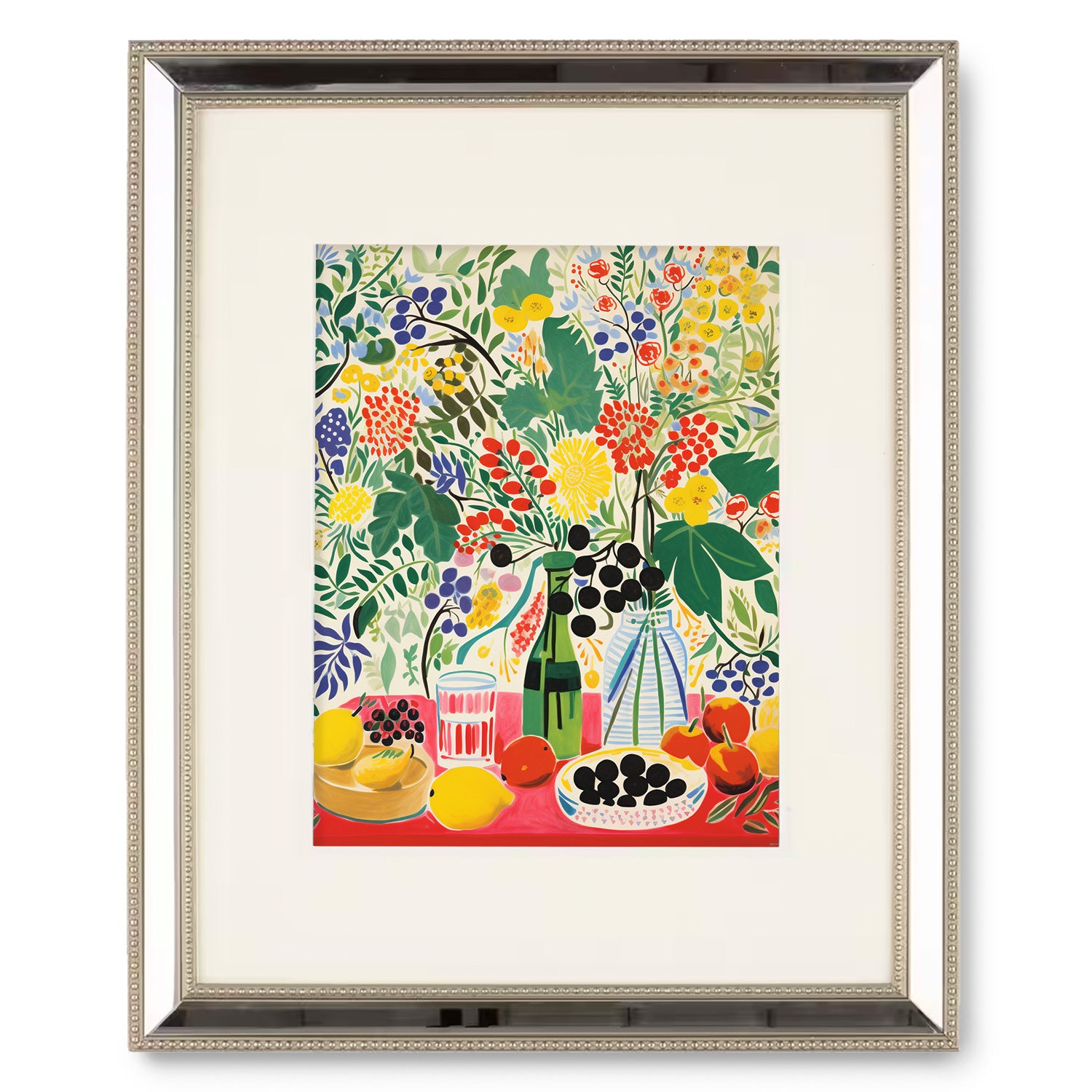 A vibrant display of art on walls featuring a framed painting of flowers and fruit on a table, perfect for maximalist decor enthusiasts seeking captivating wall art for their living room, like the Stannie & Lloyd Backyard Breakfast.