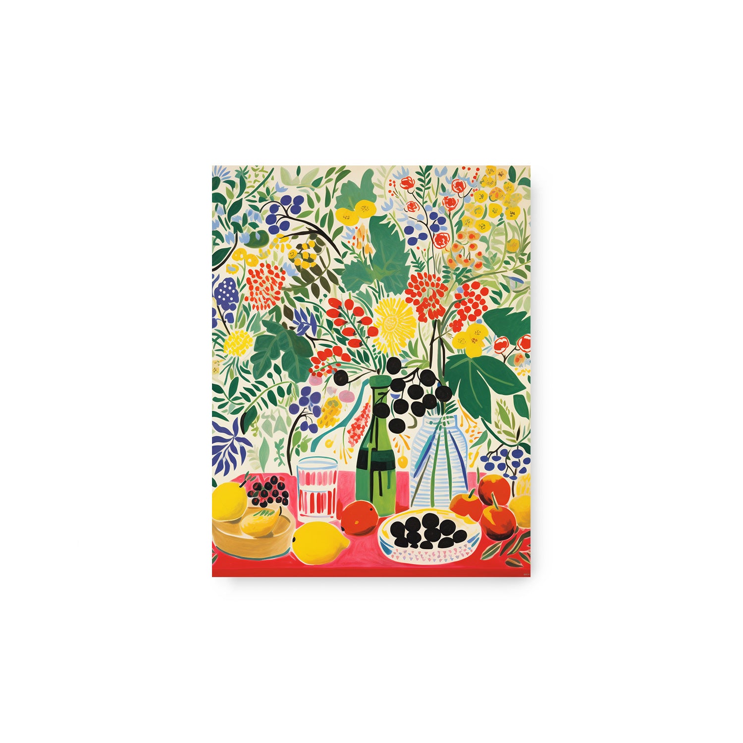 A vibrant and captivating Backyard Breakfast wall art for living room, featuring a magnificent arrangement of flowers and fruit on a table by Stannie & Lloyd.