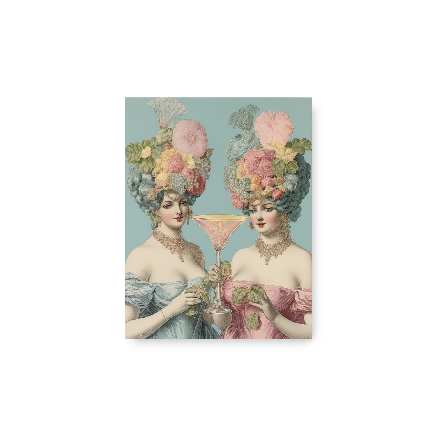 Two women holding a Let Them Drink Cocktails! martini glass in a framed artwork by Stannie & Lloyd.