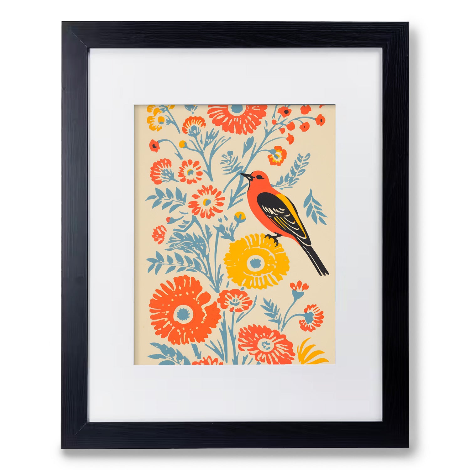 A beautiful Flyleaf art print of a bird on a flower, perfect for adding wall art to your living room decor.