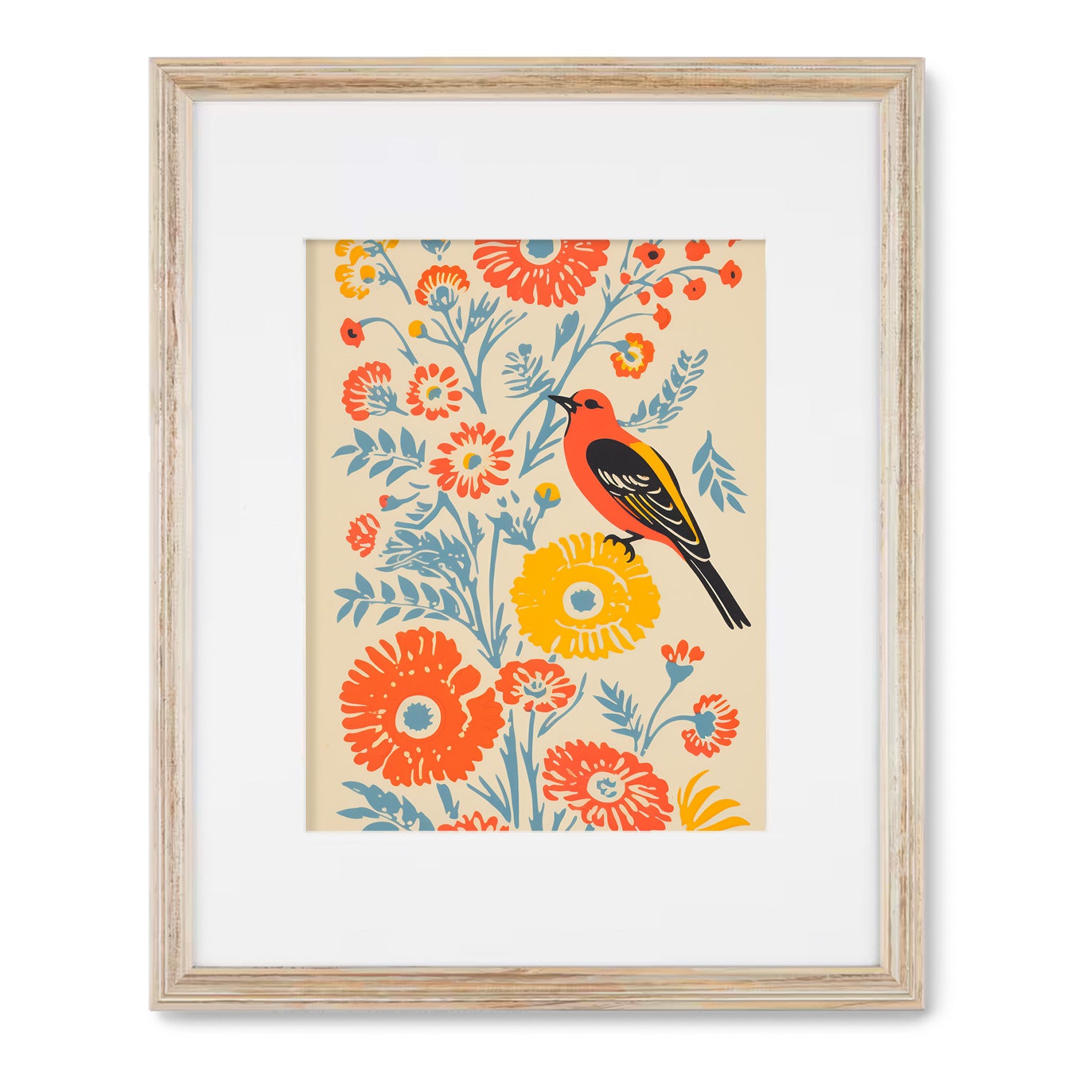 A maximalist Flyleaf wall art for the living room featuring a bird on a flower by Stannie & Lloyd.