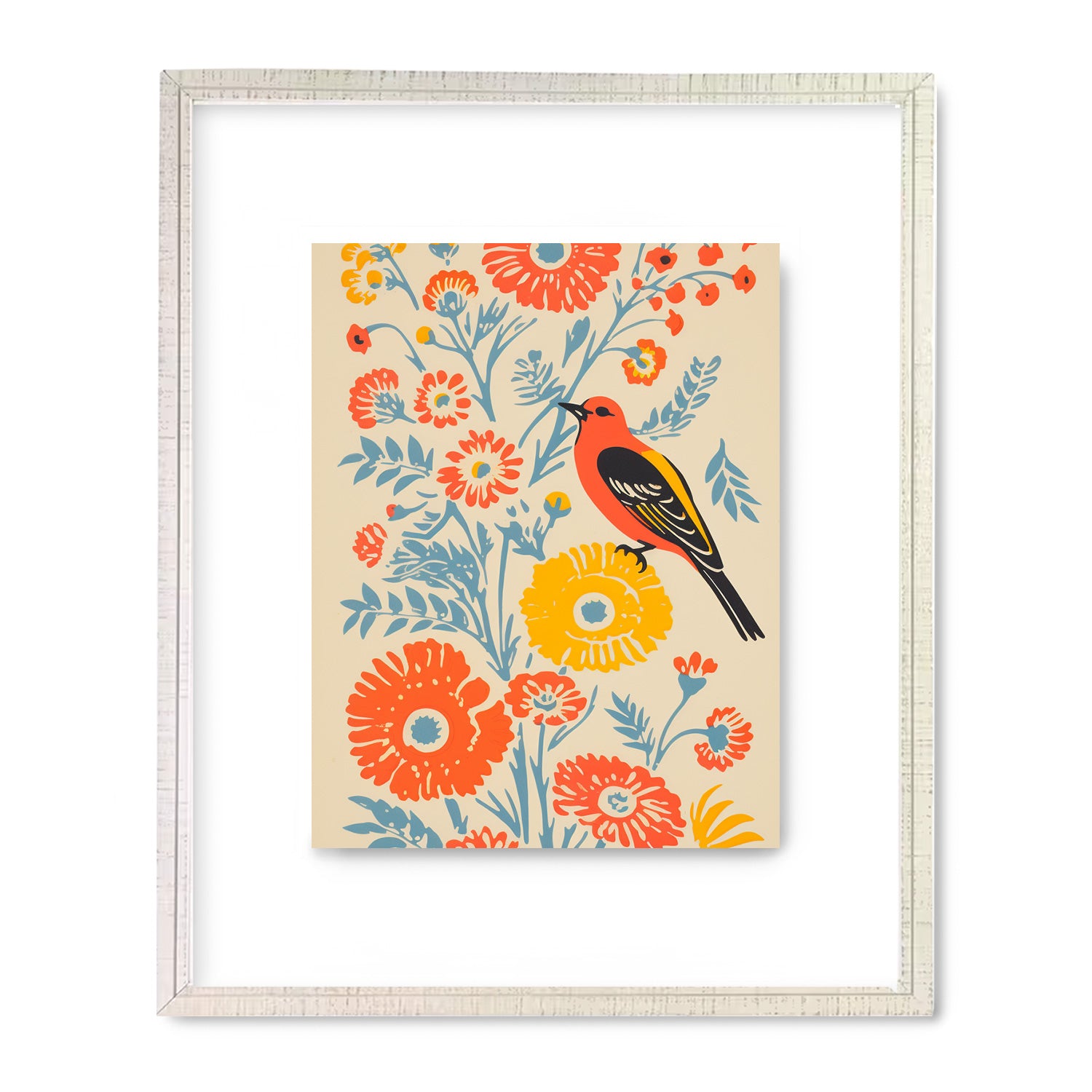 A bird perched on a flower in a white Flyleaf frame, perfect as wall art for the living room or minimalist decor from Stannie & Lloyd.