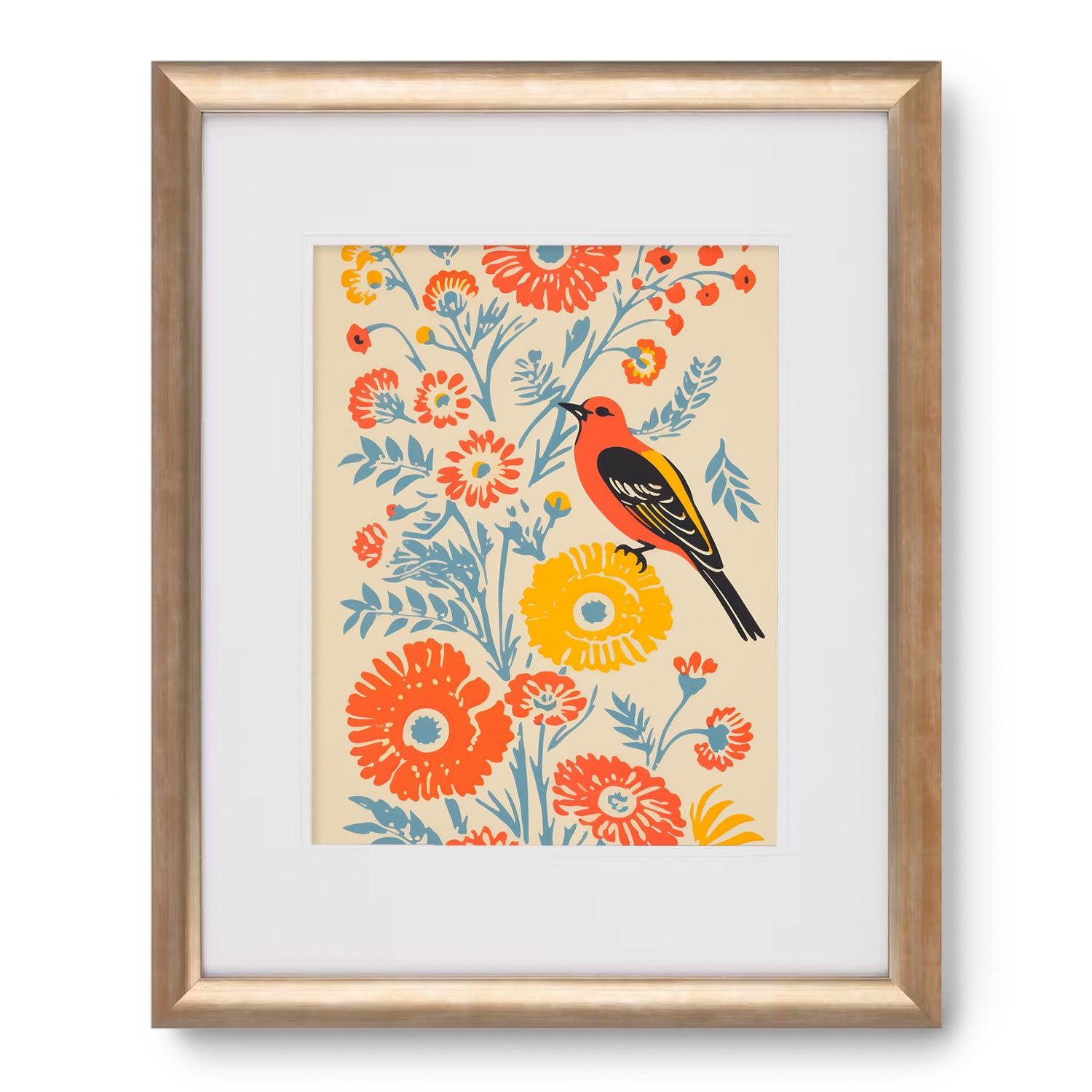 A bird perched on a flower in a Flyleaf by Stannie & Lloyd gold framed art print for wall decor.