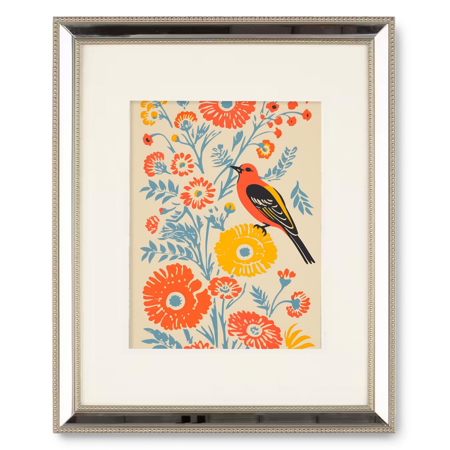 A beautiful framed print of a bird on a flower, perfect for wall decor, the Flyleaf by Stannie & Lloyd.