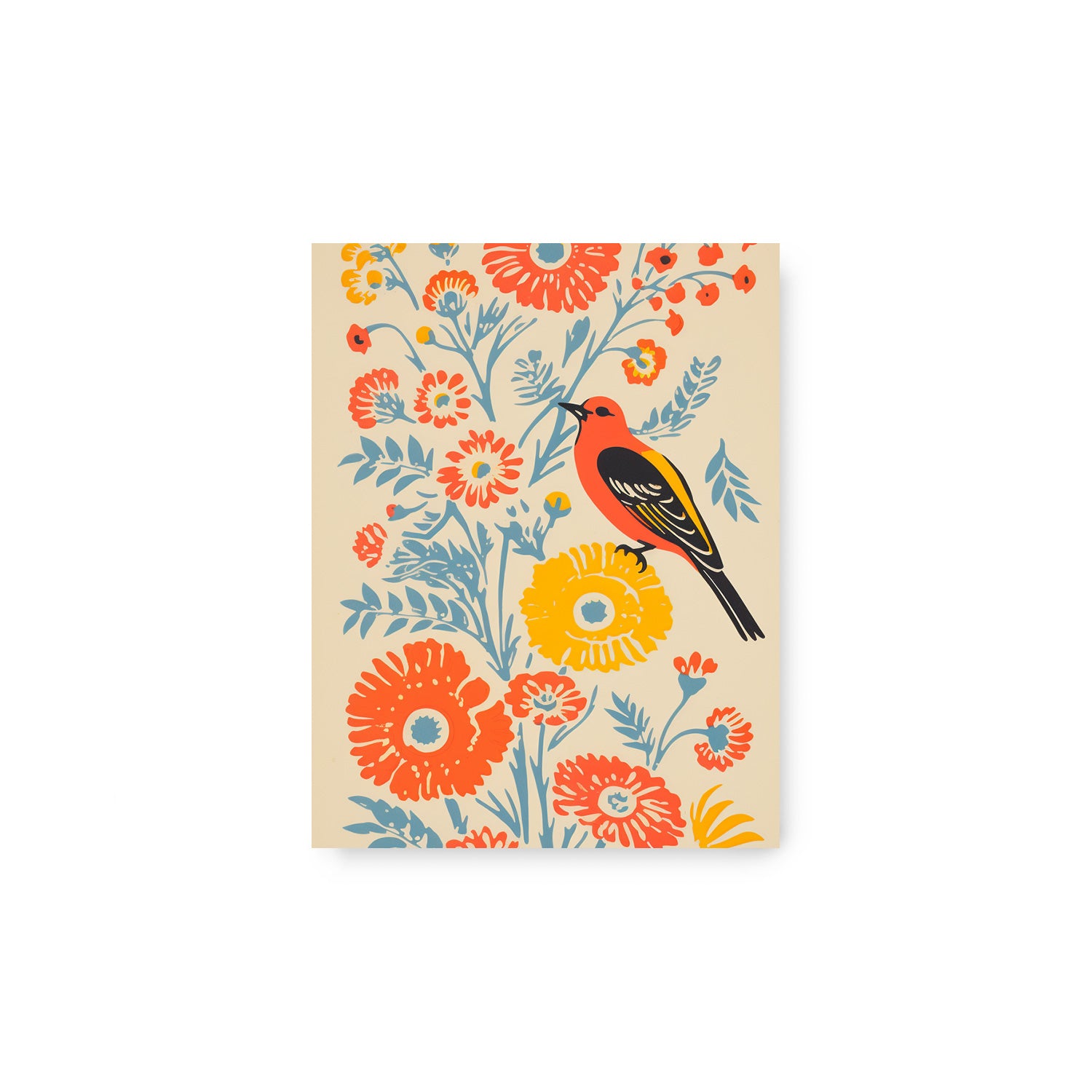 A Flyleaf decorative card featuring a bird and flowers, perfect for art prints or as wall art for a maximalist decor in your living room.