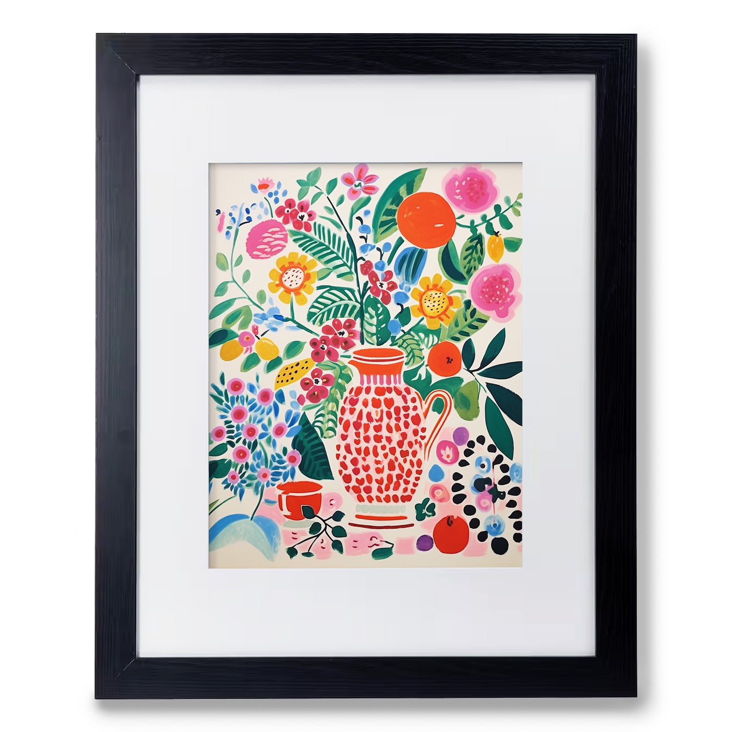 A Spring Still Life vase and flowers are featured in this Stannie & Lloyd black framed art print.