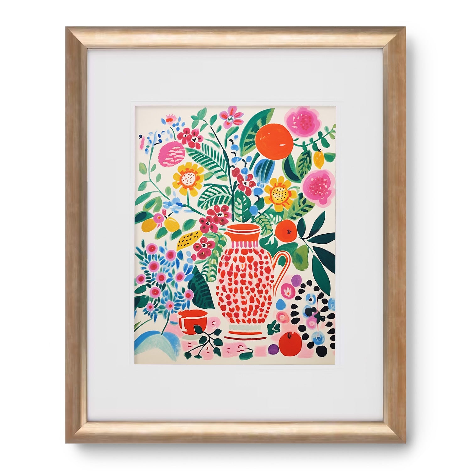 A modern wall art print of the Spring Still Life by Stannie & Lloyd, featuring a red vase with flowers.