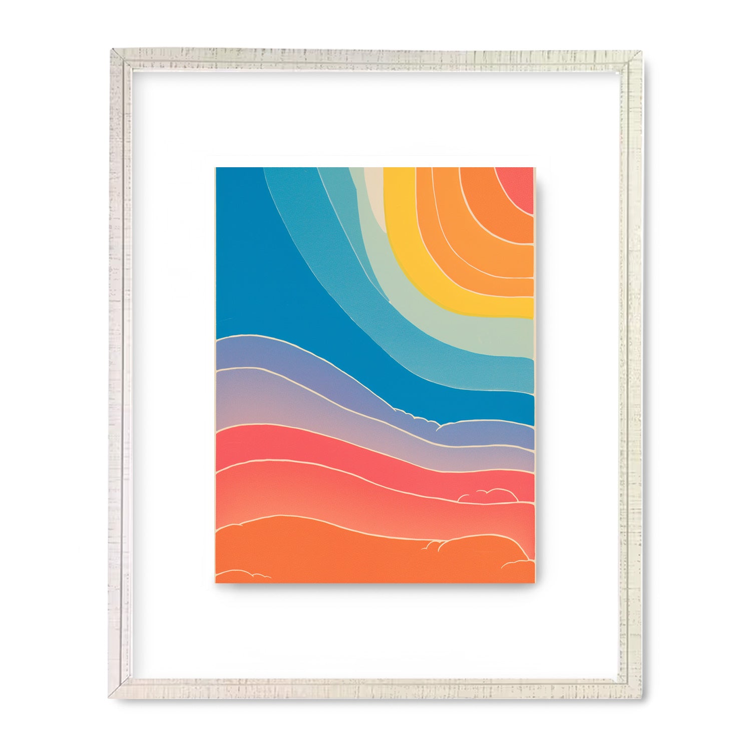 A vintage Radio Ga Ga wall art print with a blue, orange, and yellow background by Stannie & Lloyd.