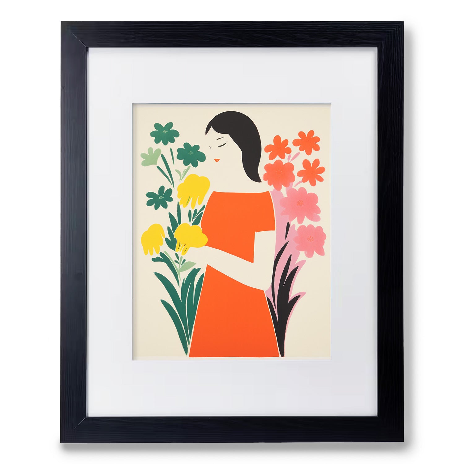 A vintage framed print of a woman holding flowers called "Simple Things" by Stannie & Lloyd.