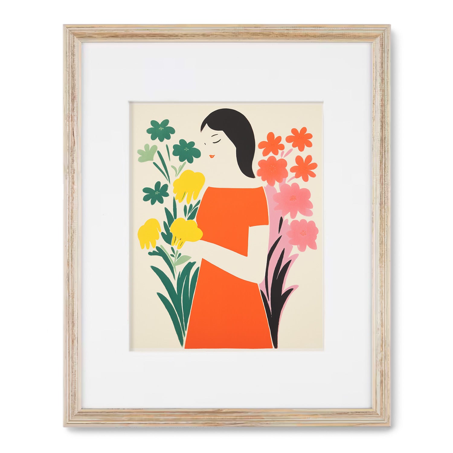 A vintage framed print of a woman holding flowers, perfect for adorning your walls with Simple Things by Stannie & Lloyd.