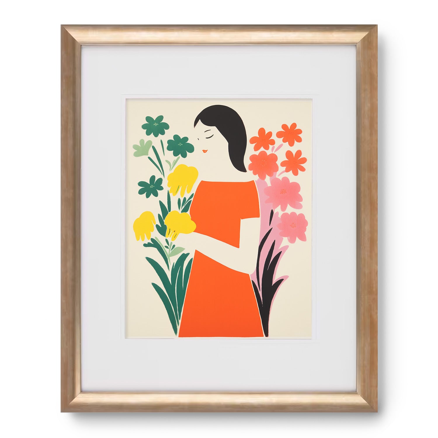 A vintage poster of a woman holding flowers, the Simple Things by Stannie & Lloyd, perfect for decorating walls with art.