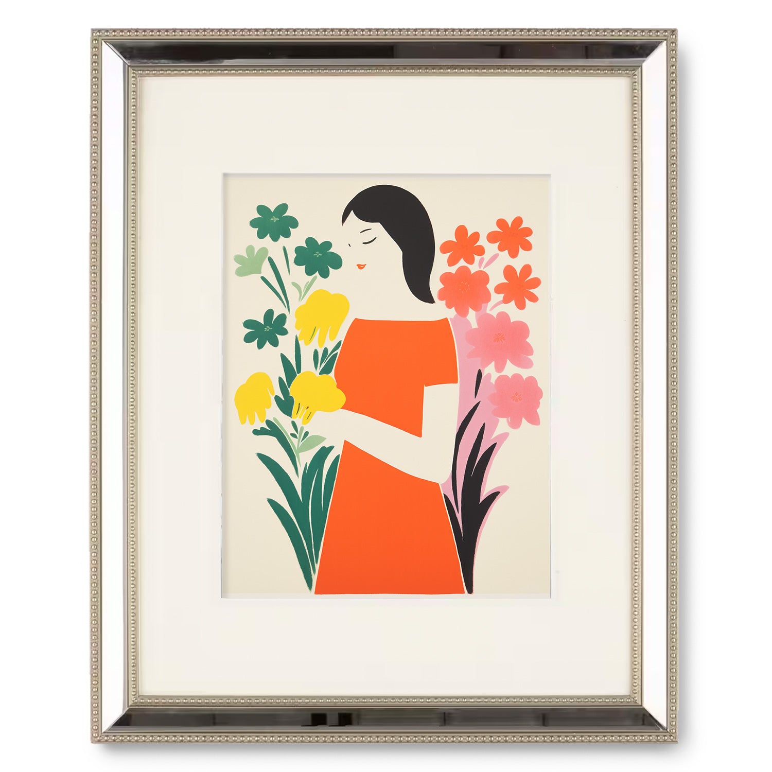 A vintage wall art of a woman holding flowers called "Simple Things" by Stannie & Lloyd.