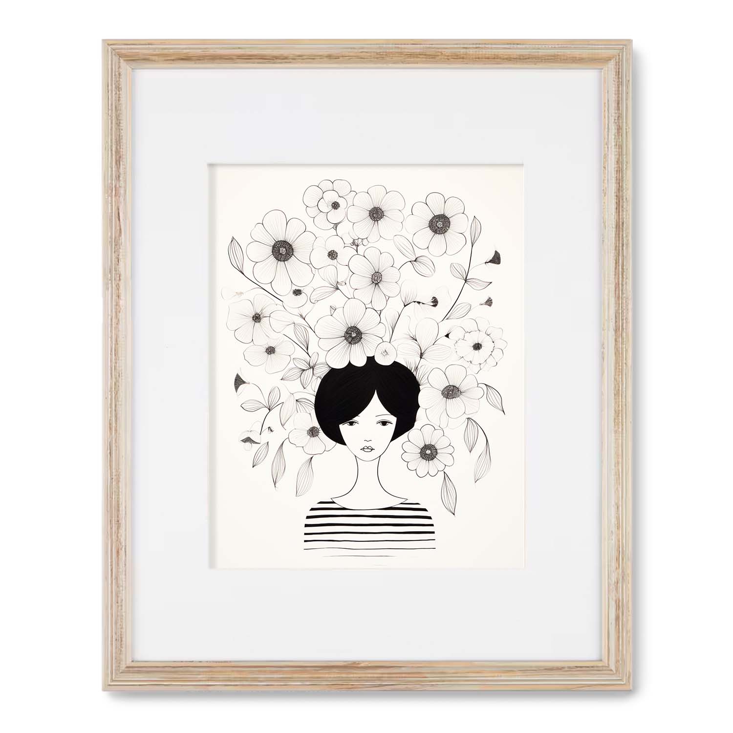 Illustration of a woman with a floral hairstyle in a vintage poster, framed on walls with Stannie & Lloyd's Grow artwork.