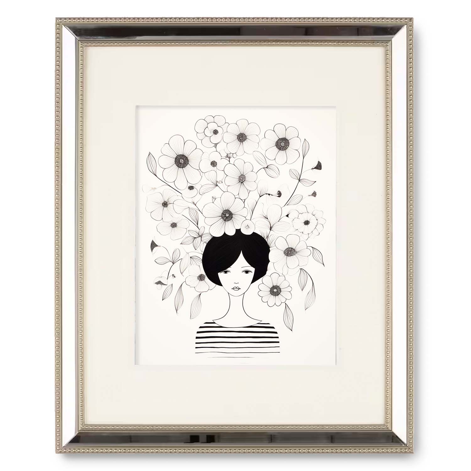 Illustration of a female figure with flowers for hair displayed in Stannie & Lloyd vintage wall art.