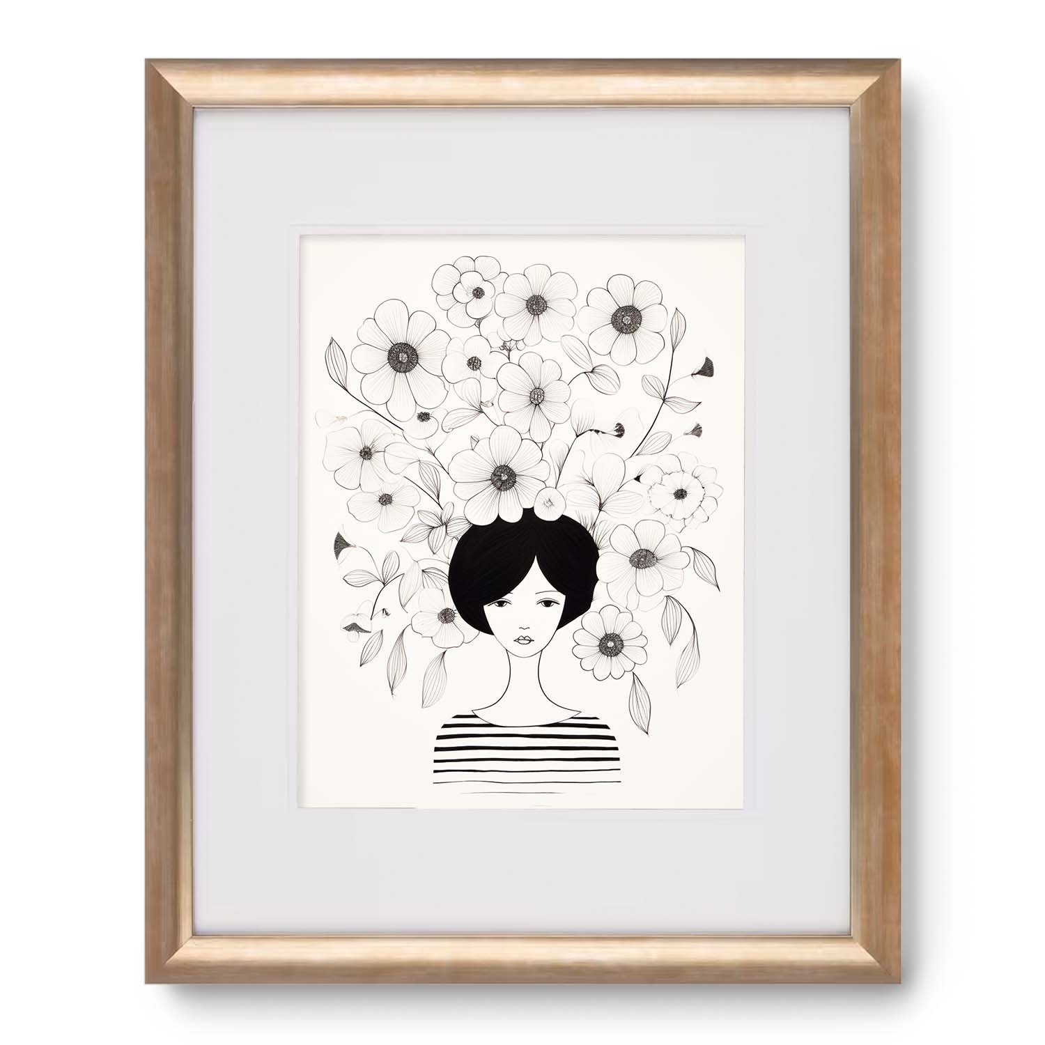 Illustration of a woman with floral hair design in a Stannie & Lloyd Grow vintage wall art frame.