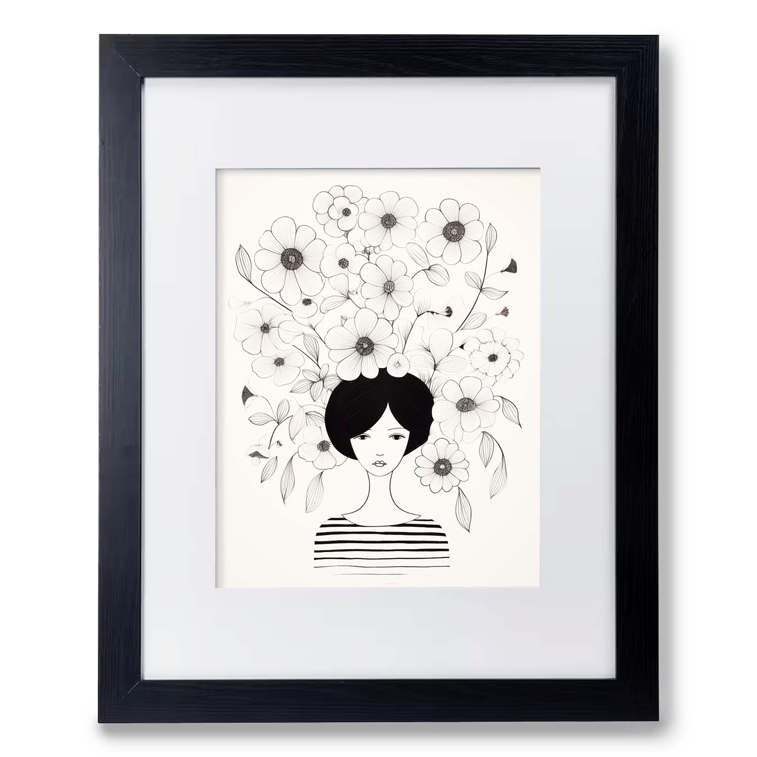 Vintage wall art illustration of a woman with floral hair, framed in a black picture frame by Stannie & Lloyd Grow.