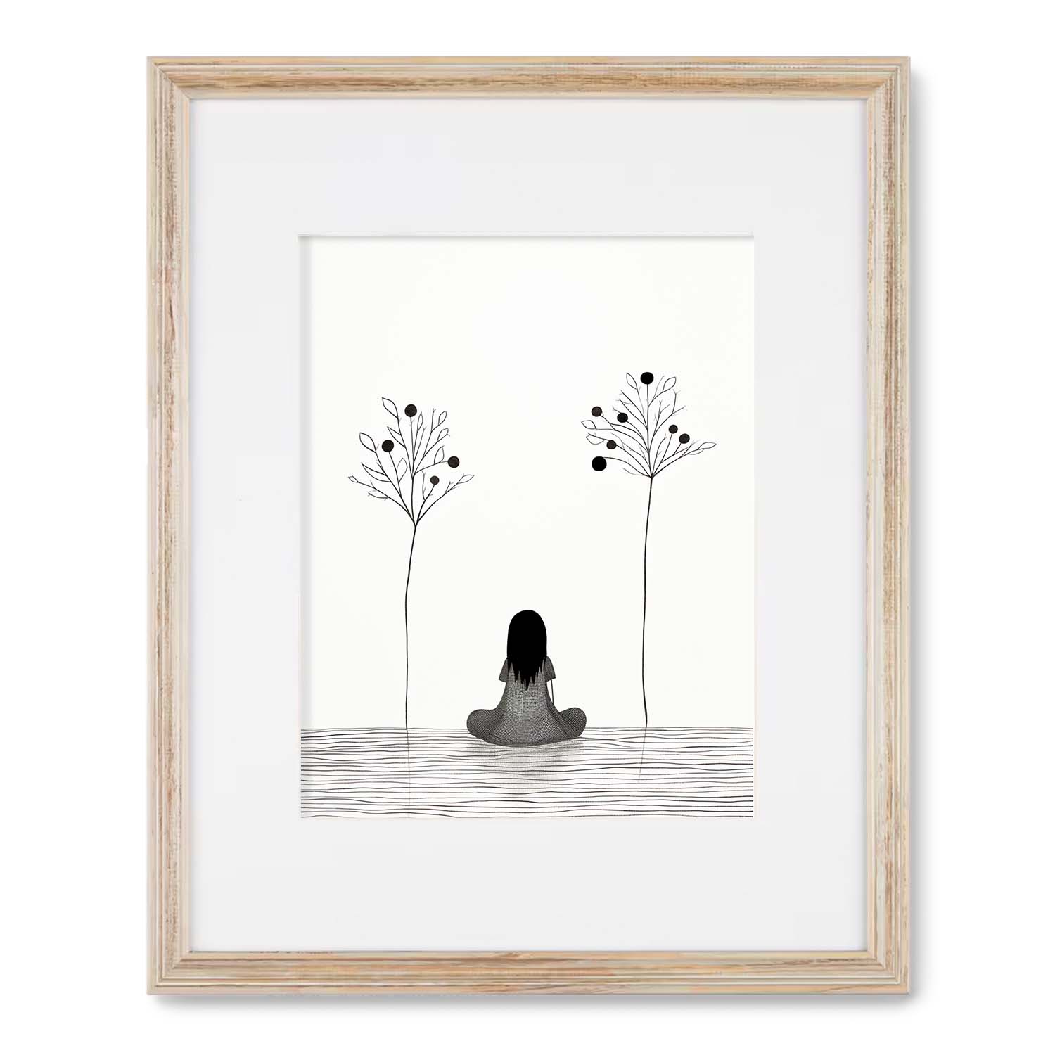 Minimalist line drawing of a person sitting between two plants, displayed as Stannie & Lloyd wall art, framed on a wall.