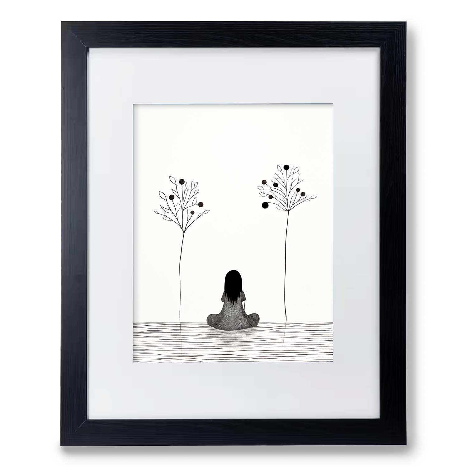 A framed vintage poster of a Stannie & Lloyd Sit figure sitting between two stylized trees.