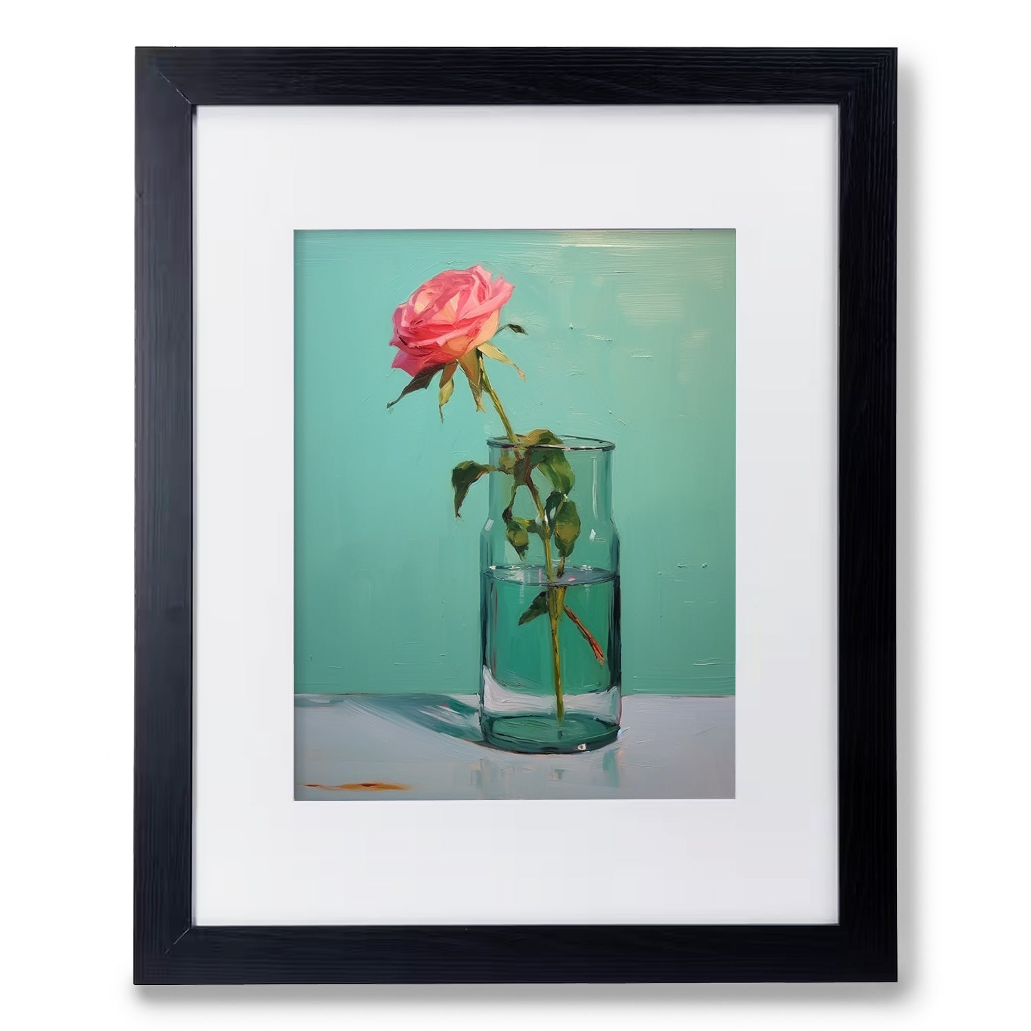 A black framed print of a Glass of Water in Greens by Stannie & Lloyd, perfect wall art for living room.